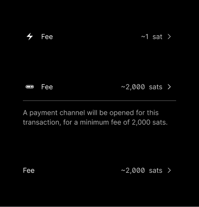 Examples of on-chain, lightning and lightning routing fees