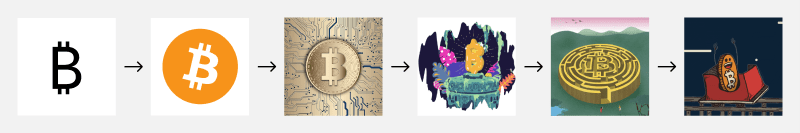 Sequence of images showing the bitcoin symbol illustrated in mininimal and expressive ways